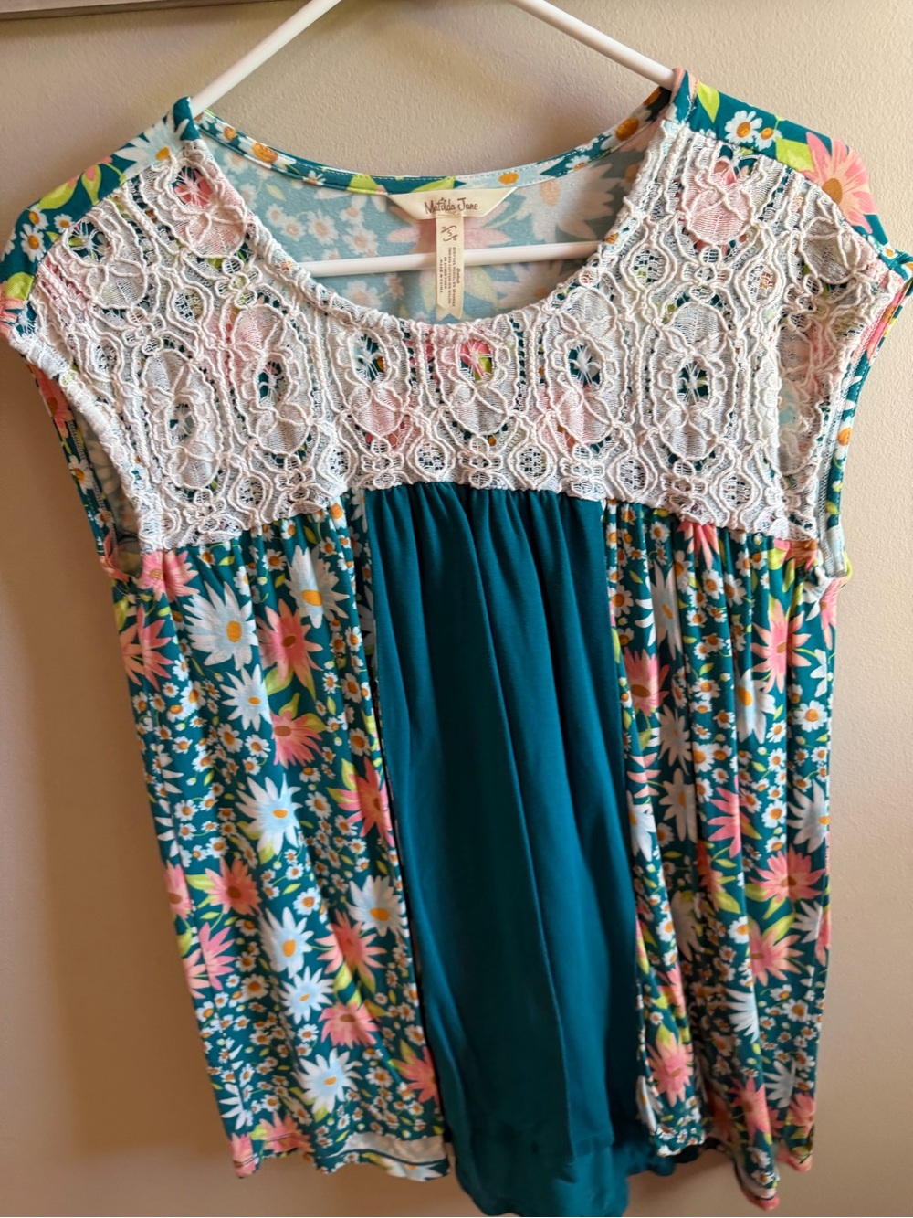 Matilda Jane Teal Floral Lace Yoke Cap Sleeve Top